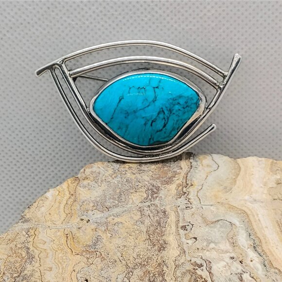 Vtg Modernist Artisan Signed Sterling Silver Turquoise Brooch - Picture 2 of 7